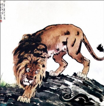 Animal Painting - Xu Beihong lion and snake old China ink